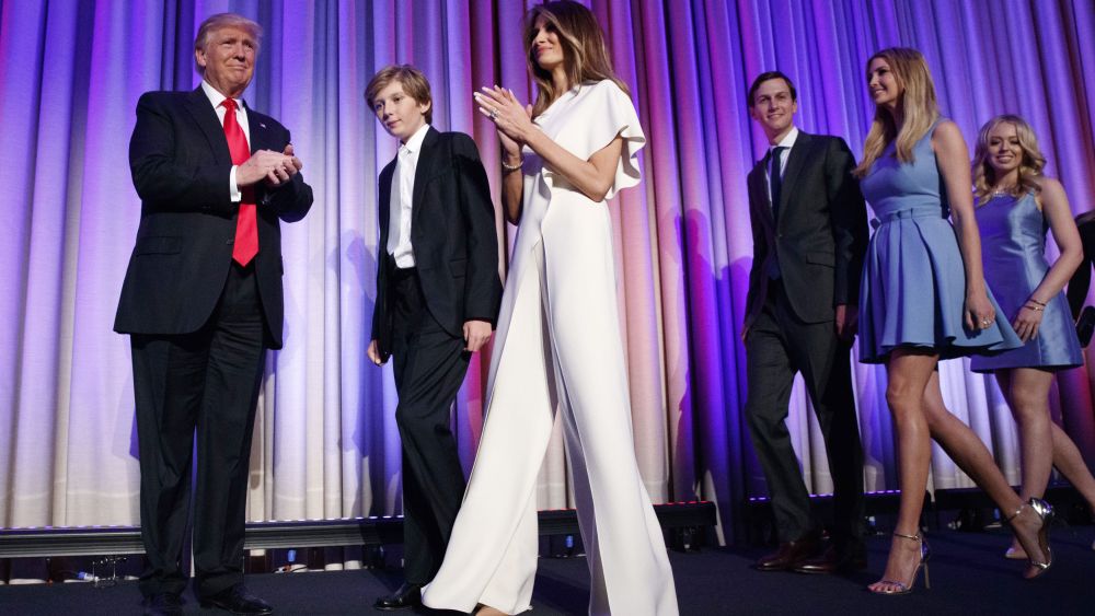 Donald Trump, his son Barron, wife Melania, Jared Kushner, Ivanka Trump, and Tiffany Trump.