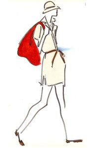 Halston Original, Ultrasuede skimp with red Bobby Breslau bag from spring 1975