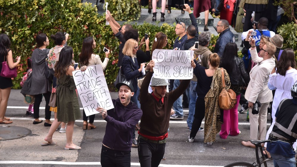 Animal rights protesters at Banana Republic’s “see-now-buy-now” show.