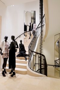 A sculpture by Gregor Hildebrandt in the staircase of Chanel's new Paris flagship.
