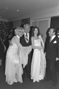 Carol Channing, Leon Jaworski, Andrea de Portago, and Bob Sakowitz at the Carol Channing party, 1976.