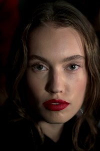 The makeup look at Prabal started with a serious skin-care priming from Romy Soleimani, who prepped models with several layers of Whal Myung products. The lips were the standout part of the makeup looks Ñ models either sported balm, a black glossy lip, a red lip or a deep burgundy. The inspiration was "etherial girls with a feminine touch," according to MAC senior national artist Lousie Zizzo. Ñ Allison Collins