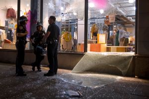 Damage is seen at an Urban Outfitters store near New York's Union Square, after it was damaged in the protests.