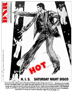 John Travolta sketched in the disco suit from Saturday Night Fever, 1978. Drawing by Robert Melendez.
