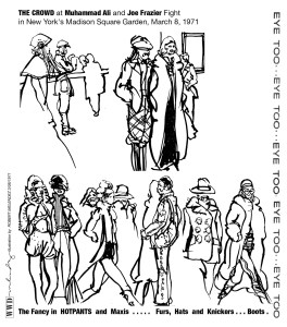 Illustrations by Robert Melendez of the crowd at Muammad Ali and Joe Fraizer’s  fight in the March 8, 1971 issue of WWD.