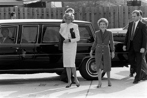 Princess Diana (L) and Nancy Reagan visit a drug rehabilitation center in Wales, England, on November 11, 1985.