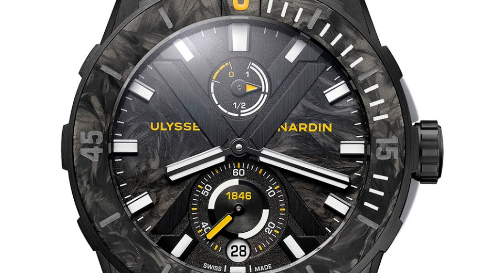 Ulysse Nardin’s Diver X Cape Horn watch with 44-mm titanium case with a black and yellow fabric strap.
