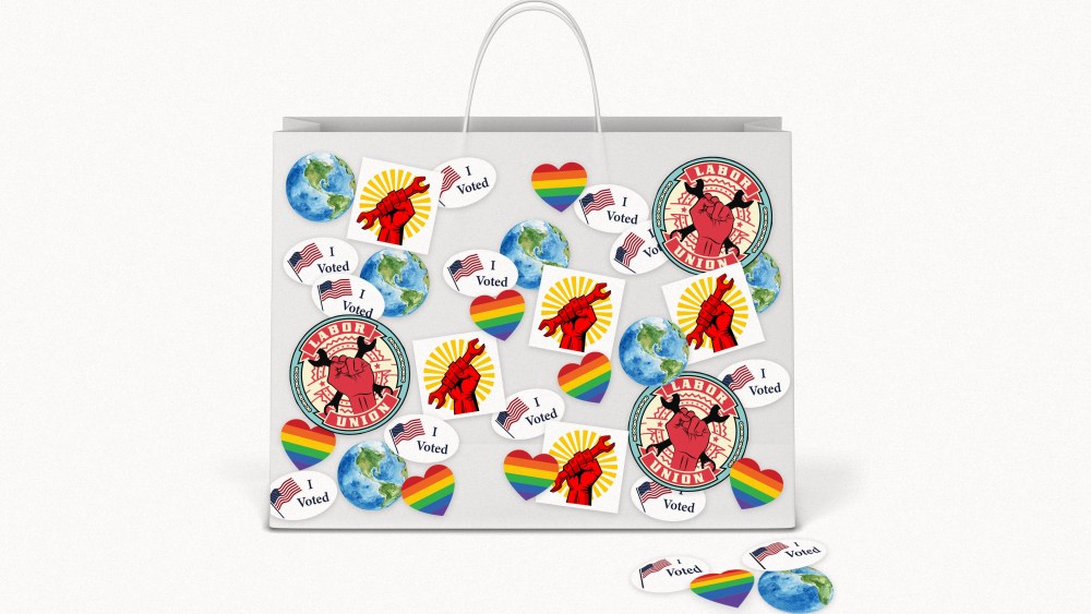 shopping bag with poltical stickers