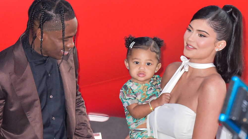 Rapper Travis Scott, Stormi Webster and television personality Kylie Jenner arrive at the Los Angeles Premiere Of Netflix's "Travis Scott: Look Mom I Can Fly" held at Barker Hangar on August 27, 2019 in Santa Monica, Los Angeles, California, United States. (Photo by Image Press Agency/Sipa USA)(Sipa via AP Images)