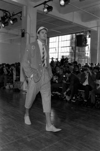 A model on the runway in a look from Matsuda's spring 1985 menswear collection.