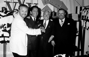 Designers Gianni Versace, Valentino Garavani, Giorgio Armani and Gianfranco Ferre poses for a portrait at the Convivo for AIDS benefit and shopping event in Milan on June 11, 1992.