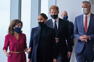 New York governor Kathy Hochul, left, talks with Meghan Markle, second from left, while her husband Prince Harry, center, talks with New York City mayor Bill de Blasio at the observatory in One World Trade in New York, Thursday, Sept. 23, 2021.  (AP Photo/Seth Wenig)