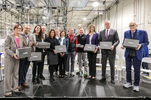 Left to right: Representative Linda Dean Campbell, Massachusetts Legislature; Representative Frank Moran, Massachusetts Legislature; Senator Diana DiZoglio, Massachusetts Legislature; Mike Kennealy, Massachusetts Secretary of Housing and Economic Development; Lt. Governor Karyn Polito, Commonwealth of Massachusetts; Joe Preston, New Balance President and CEO; Anne Davis, New Balance Vice Chairman; Jim Davis, New Balance Chairman; Dave Wheeler, New Balance Chief Operating Officer; U.S. Congresswoman Lori Trahan, 3rd Congressional District of Massachusetts; Governor Charlie Baker, Commonwealth of Massachusetts; Mayor Neil Perry, City of Methuen