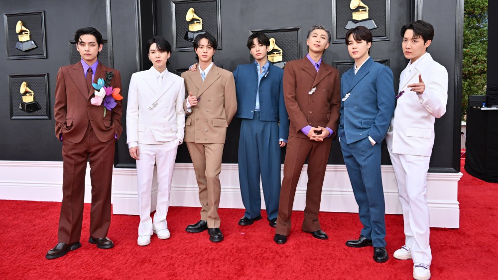 BTS at the 64th Annual Grammy Awards held at the MGM Grand Garden Arena on April 3rd, 2022 in Las Vegas, Nevada.