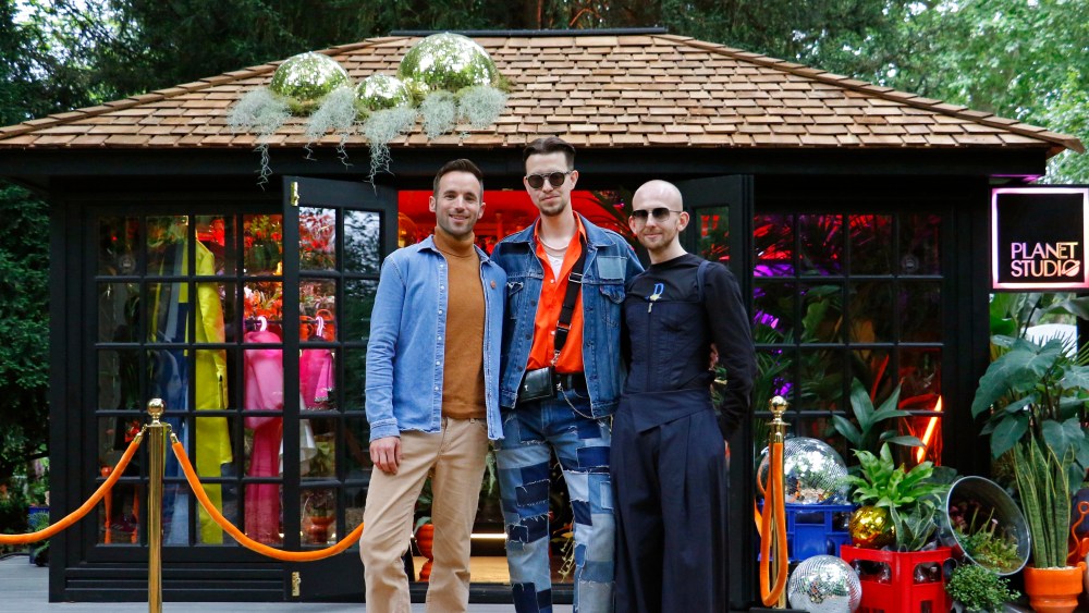 At Chelsea Flower Show, Patrick McDowell (right) pictured with studio designer James Whiting (centre) at Planet Studio and ceramicist Adam Ceramic (left.)