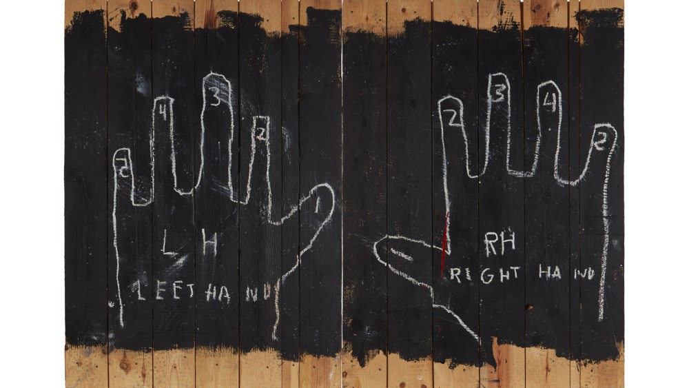 Jean-Michel Basquiat (1960-1988), Untitled (Left Hand – Right Hand), 1984-1985, acrylic and oil stick on wood, 89.5 x 129.5 cm.