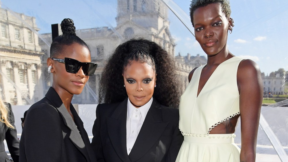 Letitia Wright, Janet Jackson and Sheila Atim attend the Alexander McQueen spring 2023 show at the Old Royal Naval College in London.