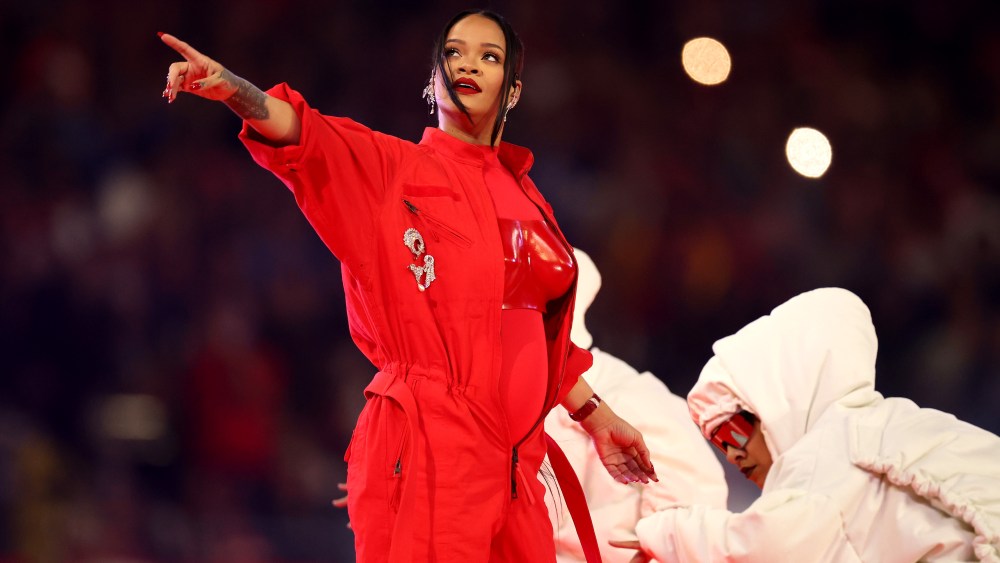GLENDALE, ARIZONA - FEBRUARY 12: Rihanna performs onstage during the Apple Music Super Bowl LVII Halftime Show at State Farm Stadium on February 12, 2023 in Glendale, Arizona. (Photo by Ezra Shaw/Getty Images)