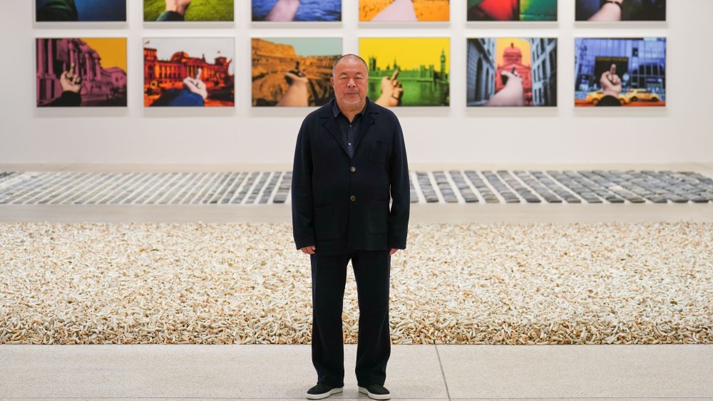 Ai Weiwei during a photo call for the Ai Weiwei: Making Sense exhibition at the Design Museum in London. It is the artist's first exhibition to focus on design and architecture, and is his biggest UK show in eight years. Picture date: Tuesday April 4, 2023. (Photo by James Manning/PA Images via Getty Images)