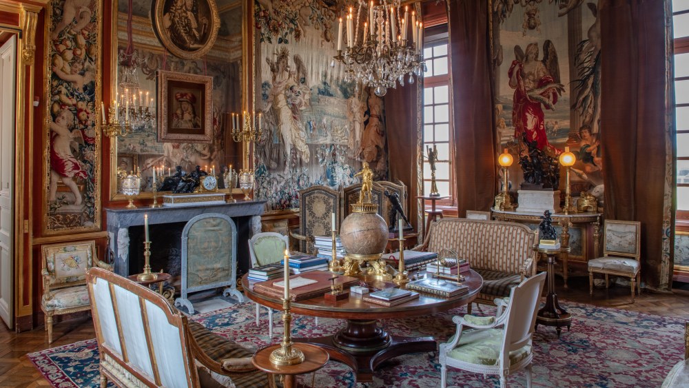 The tapestry salon at Jacques Garcia’s Château du Champ de Bataille.