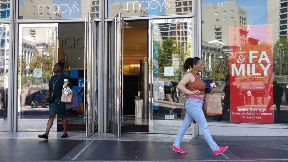 SAN FRANCISCO, CALIFORNIA - APRIL 27: Customers carry shopping bags as they leave a Macy's store on April 27, 2023 in San Francisco, California. U.S. economic growth slowed in the first quarter to 1.1 percent, down from 2.6 percent in the fourth quarter at the end of 2022. (Photo by Justin Sullivan/Getty Images)