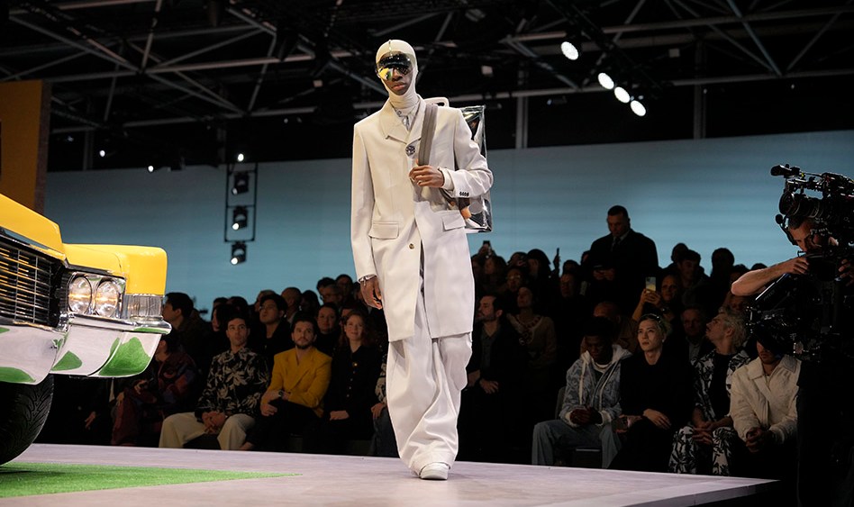 A model walks the runway at Louis Vuitton Men’s Fall 2023 fashion show on January 19, 2023 in Paris, France. Louis Vuitton collaborated with KidSuper to design its Fall 2023 Men's Ready To Wear and Accessories collection.