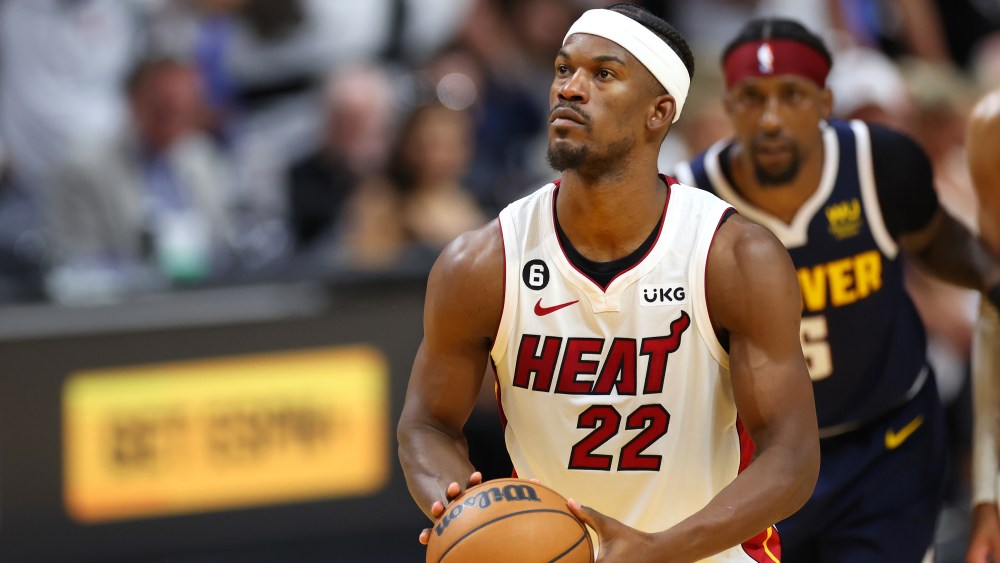 Jimmy Butler of the Miami Heat shoots a free throw during the fourth quarter against the Denver Nuggets in Game Four of the 2023 NBA Finals at Kaseya Center on June 09, 2023 in Miami, Florida.