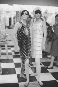 Models wearing Paco Rabanne spring couture "geometric link dresses" during a showing at Lord & Taylor's Fantasia Boutique in New York on March 25, 1966. The collection showing was Paco Rabanne's first in America.