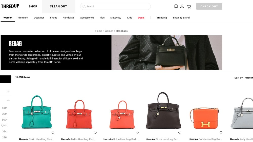 Rebag's landing page on ThredUp