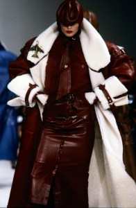 A model walks in the Claude Montana Fall 1983 Ready to Wear Runway Show on March 19, 1983, in Paris, France.