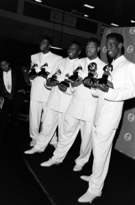 Members of Boyz II Men; Marc Nelson, Nathan Morris, Wanya Morris and Michael McCary attend the 37th Annual Grammy Awards ceremony in Los Angeles, California on March 1, 1995.
