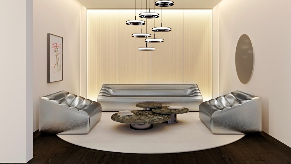 A rendering of a living room set for Karl Lagerfeld Maison.