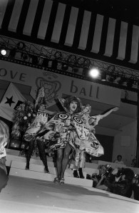 Singers Lady Miss Kier, Kate Pierson of the B-52's and guests model Paper magazine's couture paper dresses during the "Love Ball" at Roseland Ballroom in New York on May 11, 1989.