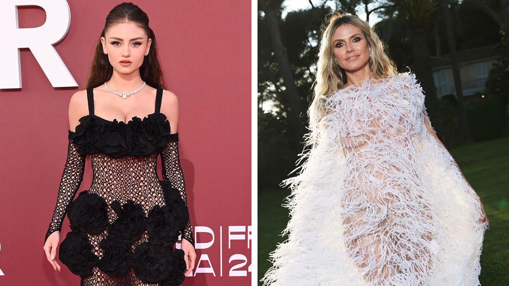 model Leni Olumi Klum, left, and Heidi Klum attend the amfAR Cannes Gala 30th edition Presented by Chopard and Red Sea International Film Festival at Hotel du Cap-Eden-Roc on May 23, 2024 in Cap, wearing sheer see-through dress fashion trends,  d'Antibes, France.