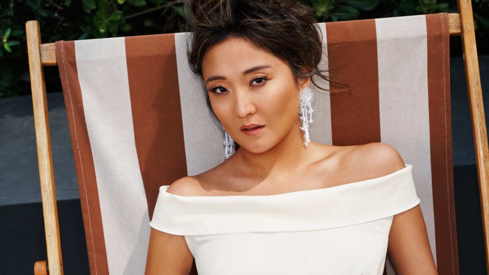 Ashley Park wearing a dress from the collection she co-designed for Weekend Max Mara.