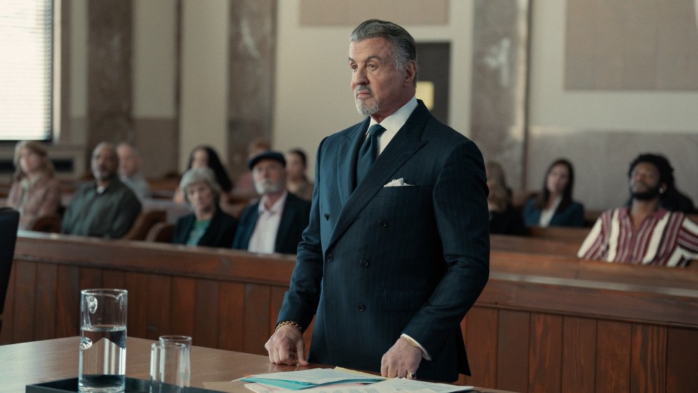 Sylvester Stallone in a still from "Tulsa King" in a Denis Frison suit.