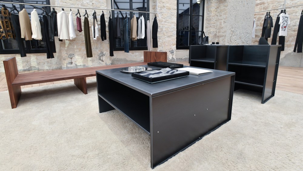 Donald Judd furniture at the revamped Saint Laurent Rive Droite boutique in Paris.