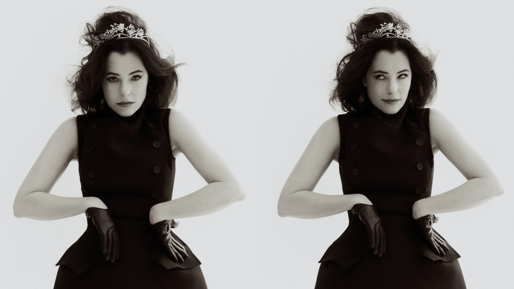McQueen wool gabardine dress with shredded silk creponne trim. Falke tights. Carolina Amato gloves. Chopard tiara from the Red Carpet Collection in 18K white gold set with diamonds and mother of pearl.