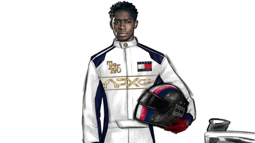 A sketch of Damson Idris, in a Tommy Hilfiger racing suit, for the Met Gala.
