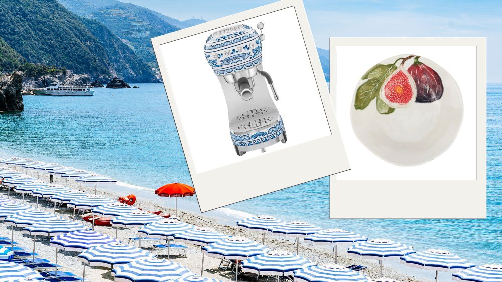 coffee machine and plate with fig illustration on it superimposed on a background of an italian beach with blue and white umbrellas
