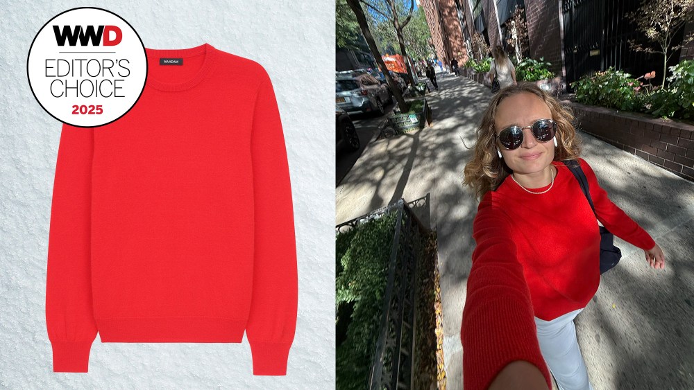 naadam red original sweater over snowy background; author of story walking on the street while wearing naadam sweater