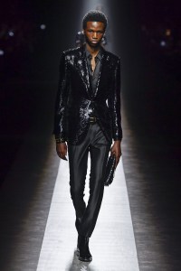 Model on the runway at Tom Ford RTW Fall 2024 as part of Milan Ready to Wear Fashion Week held on February 22, 2024 in Milan, Italy. (Photo by Giovanni Giannoni/WWD via Getty Images)
