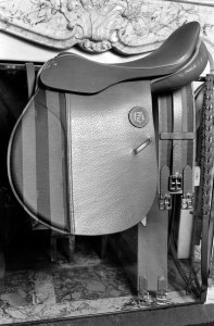Fendi 1989 embossed leather and coated canvas pequin striped horse saddle with embossed “FF” monogram stamp.