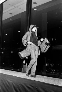 Model in in Fendi ready to wear, carrying two Fendi interlocking “F” handbags during a presentation at Bonwit Teller's Fendi Suite in Chicago, Illinois on September 13, 1977.