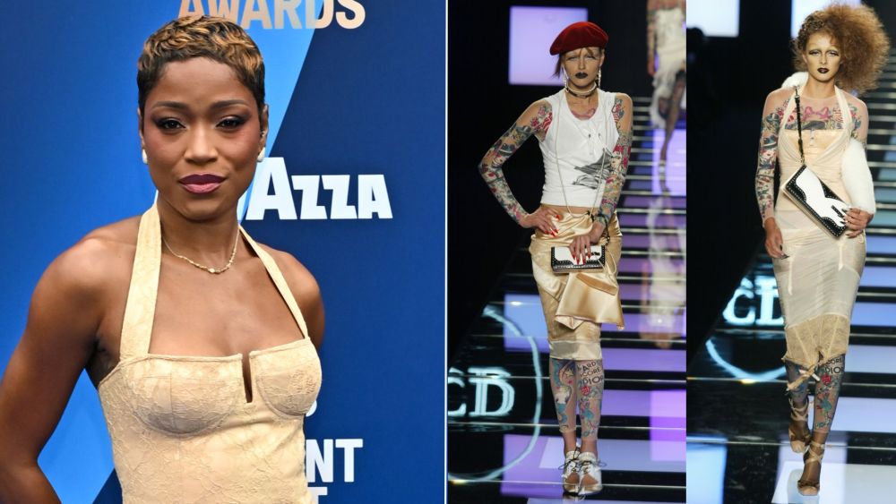 Keke Palmer in Galliano-era Dior at the 2026 Independent Spirit Awards in Los Angeles on Sunday; two of the Dior spring 2004 RTW runway looks Palmer's outfit pulled from.