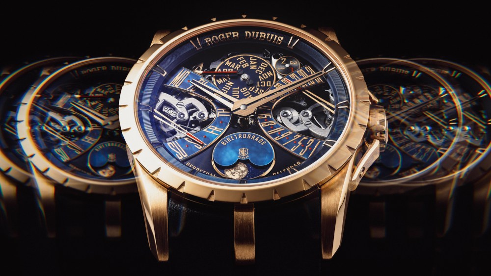Roger Dubuis Excalibur Biretrograde Perpetual Calendar 18-karat pink gold with calfskin leather strap.