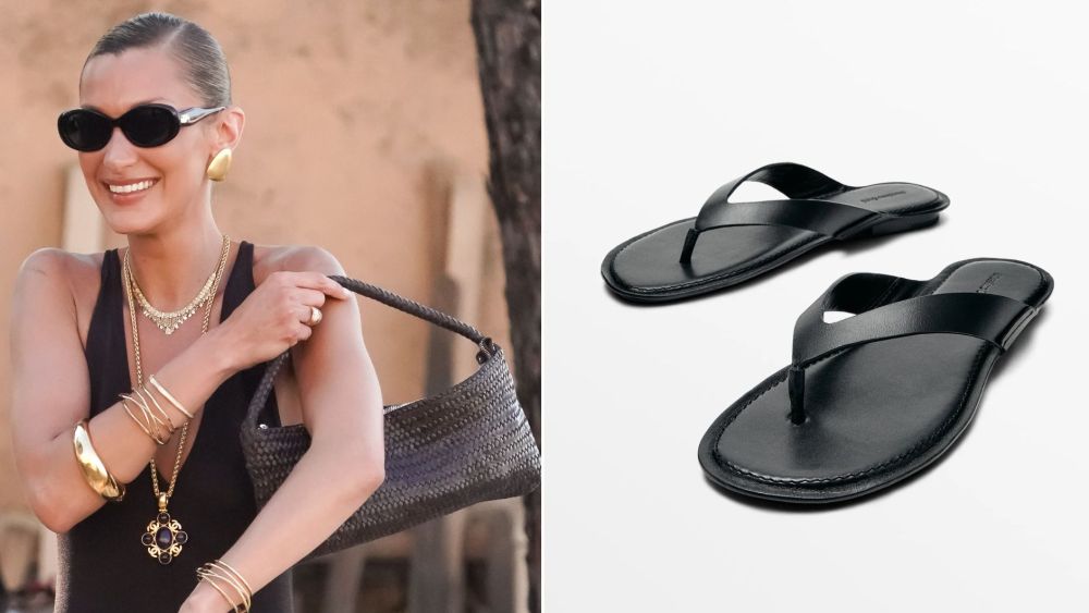 Bella Hadid wearing a pair of Massimo Dutti's Flat Leather Sandal in black while out with her brother Anwar Hadid in Saint-Tropez, France.