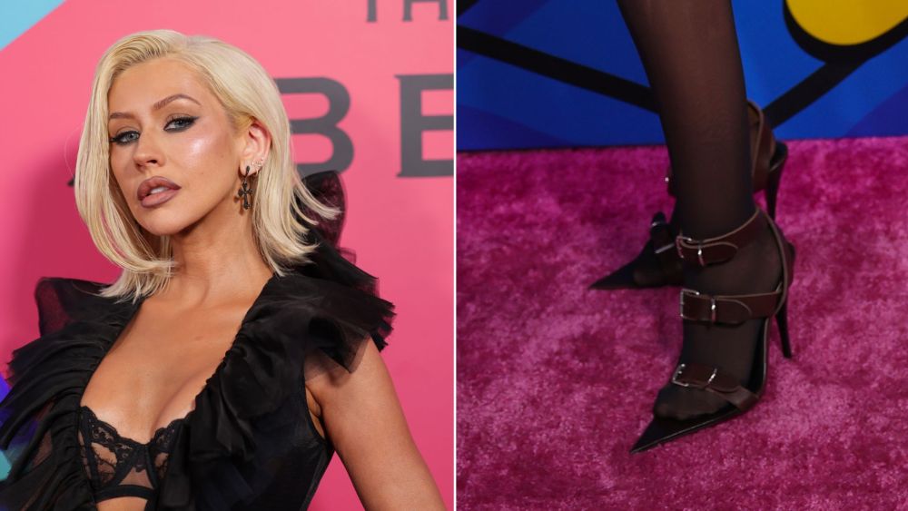 Christina Aguilera wearing a pair of Saint Laurent Bruce Sandals in Dark Brown Leather to the Abbey's 35th Anniversary Party in West Hollywood on Wednesday.