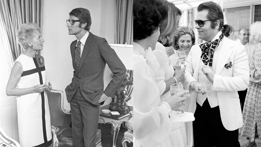 YSL and Yvonne de Peyerimhoff in his Mondrian dress, Washington, D.C. 1965 and Karl Lagerfeld Un Le Fete en Blanc in Dallas, 1978.