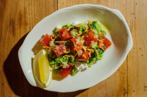 Bluefin tuna, crushed peas with goat curd